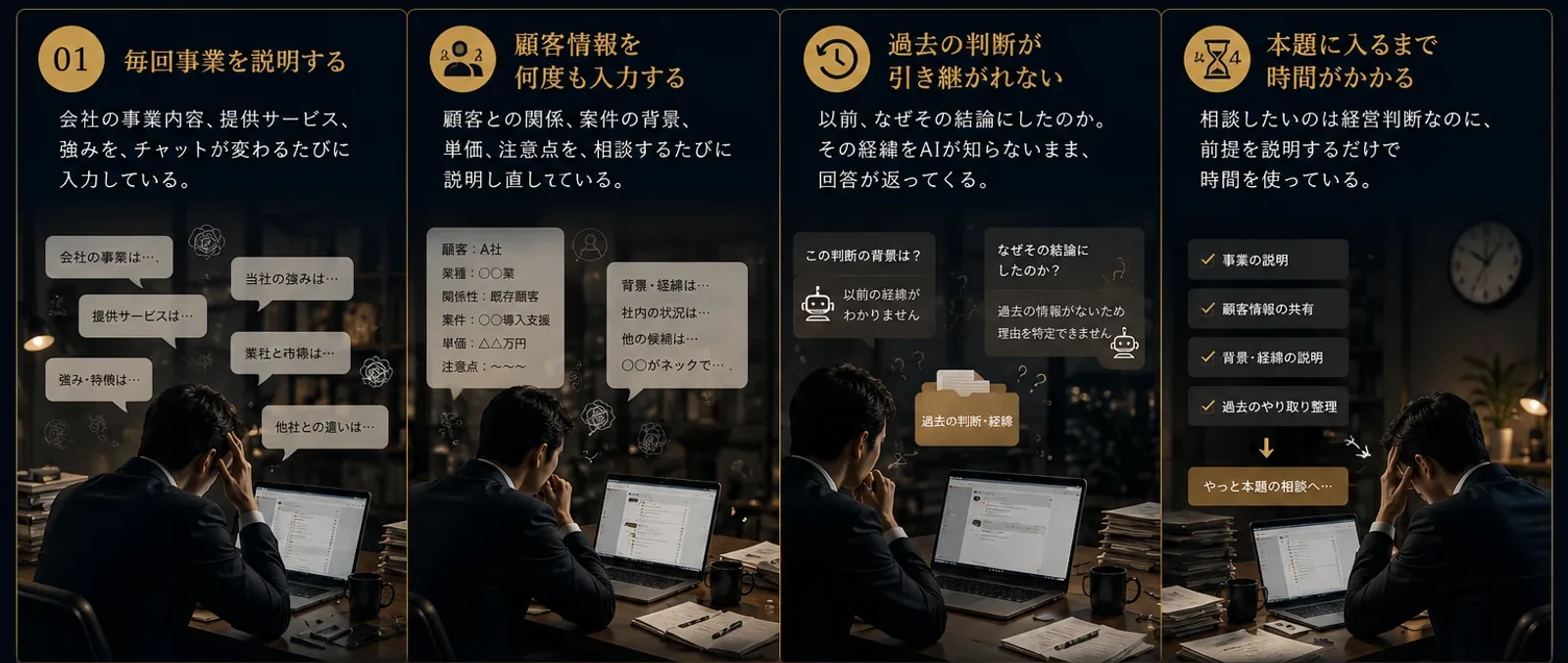 ChatGPTやClaudeを使っているのに毎回同じ説明から始めてしまう4つのパターン（事業説明・顧客情報・過去の判断・時間のロス）をまとめたイラスト